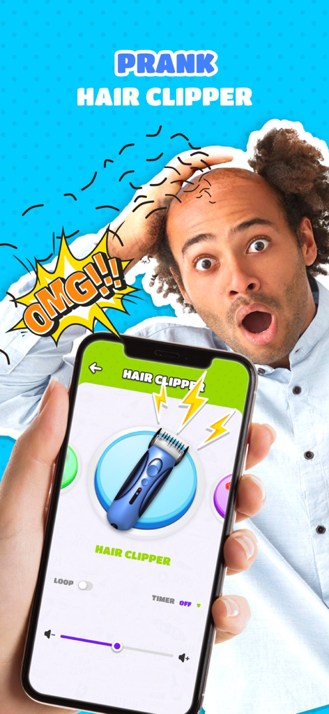 A man looking shocked while a hand holds a smartphone displaying the hair clipper prank sound feature