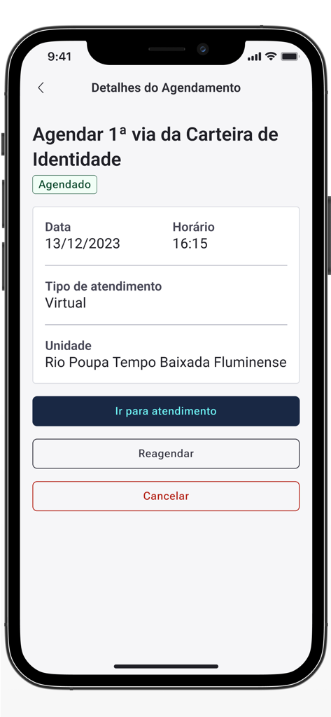 RJ Digital - RJ Digitalアプリの画面。スケジュールされた仮想IDカードの予約の詳細を表示。