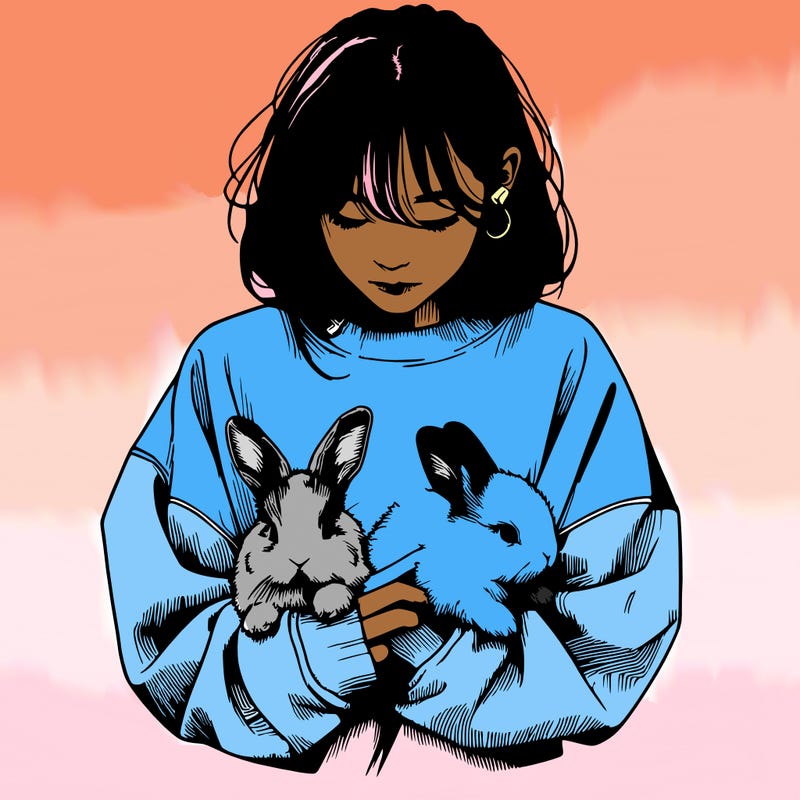 realistic girl with messy bunny baggy sweatshirt and holding bunnies