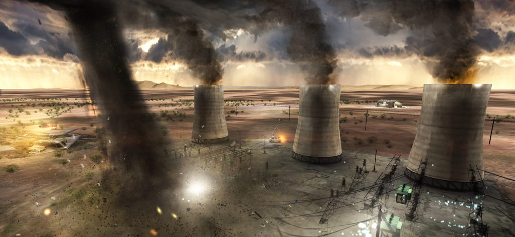 Tornado Alley - Rampage - A massive tornado attacking nuclear power plant cooling towers with debris and smoke