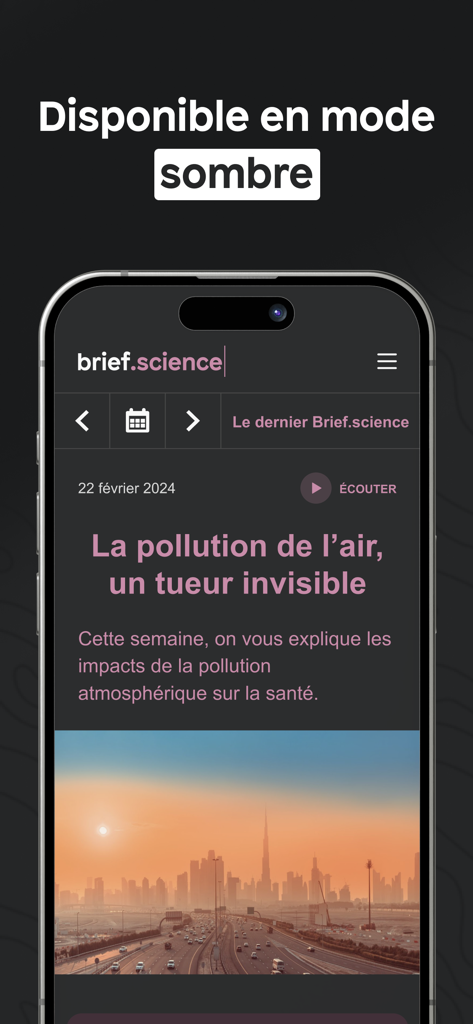 Brief.science - Brief science app interface in dark mode featuring an article about air pollution