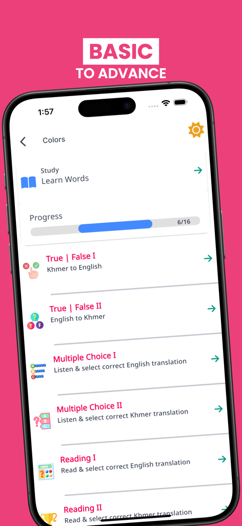 Learn Khmer For Beginners - Interfaz de la aplicación Aprende Khmer para Principiantes que muestra una lista de modos de cuestionario interactivos y una barra de progreso para una lección de idiomas