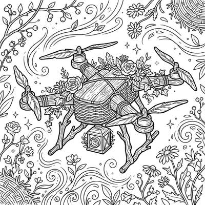 Discover a delightful fusion of technology and nature with our Cottagecore Drone coloring page. This intricate design invites you to bring rustic charm and floral beauty to life with your favorite colors.