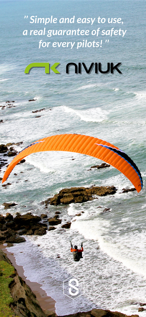 SportsTrackLive: Action Sports - An orange paraglider flying over a rocky coastline with a testimonial about safety and ease of use for pilots.