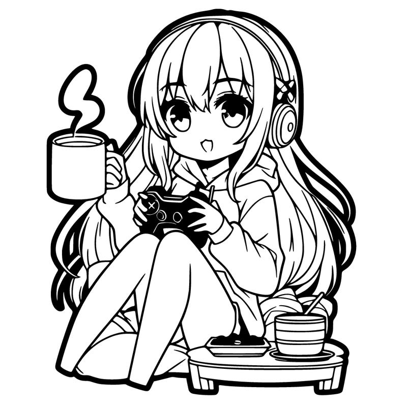 anime girl drinking coffee playing xbox