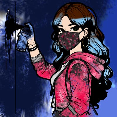 realistic girl with mask spray painting a wall