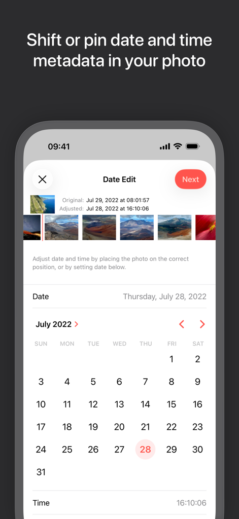 La interfaz de la app Metapho muestra la pantalla de edición de fecha con un selector de calendario y hora para ajustar los metadatos de la foto.