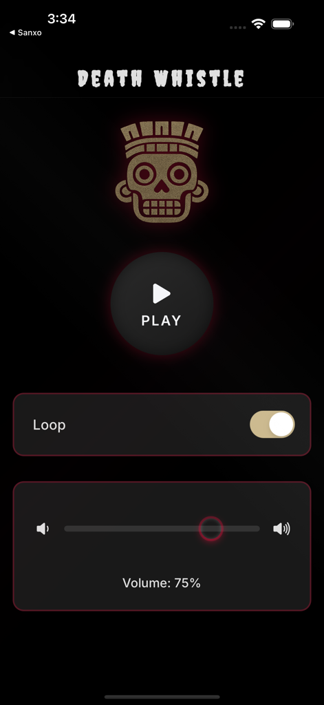 Death Whistle - アステカ尸魂アイコンとプレイボタンが表示されたデスホイッスルアプリのインターフェイス。