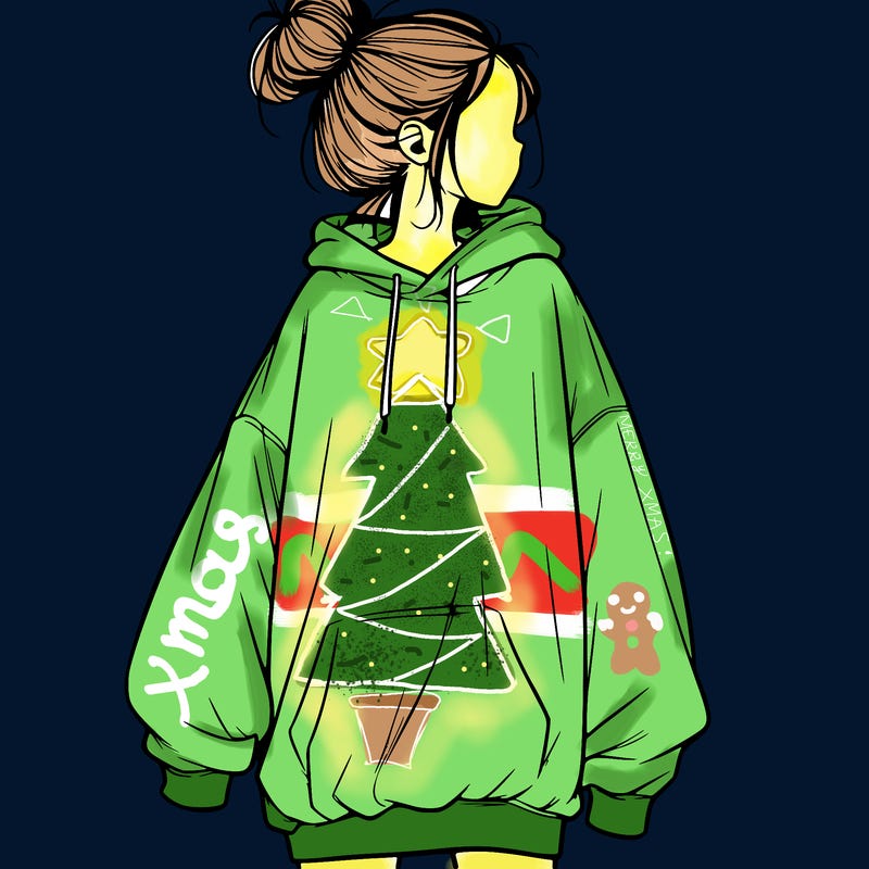 realistic girl with a oversized sweatshirt on and a bun