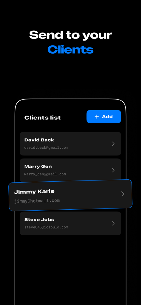 전문적인 송장 발행을 위해 이름과 이메일 주소가 포함된 고객 목록을 보여주는 모바일 앱 화면