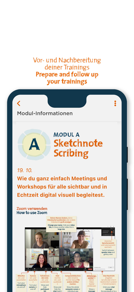 bikablo - Module de formation de l'application bikablo pour le Sketchnote Scribing montrant une interface d'appel vidéo Zoom pour la facilitation visuelle.