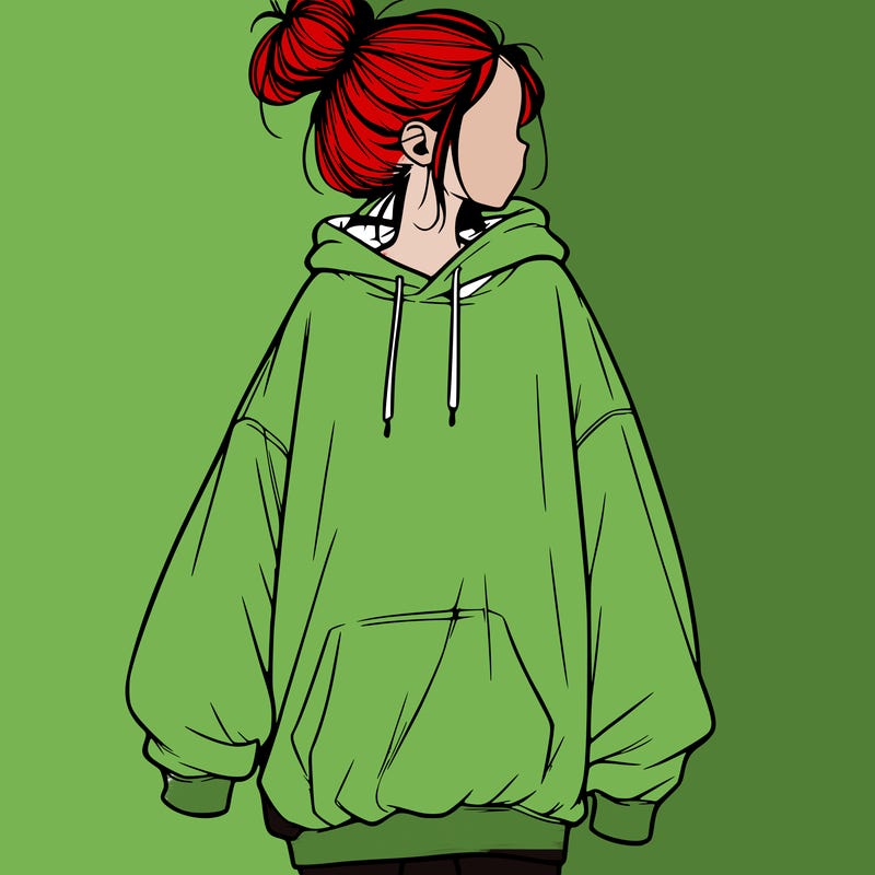 realistic girl with a oversized sweatshirt on and a bun