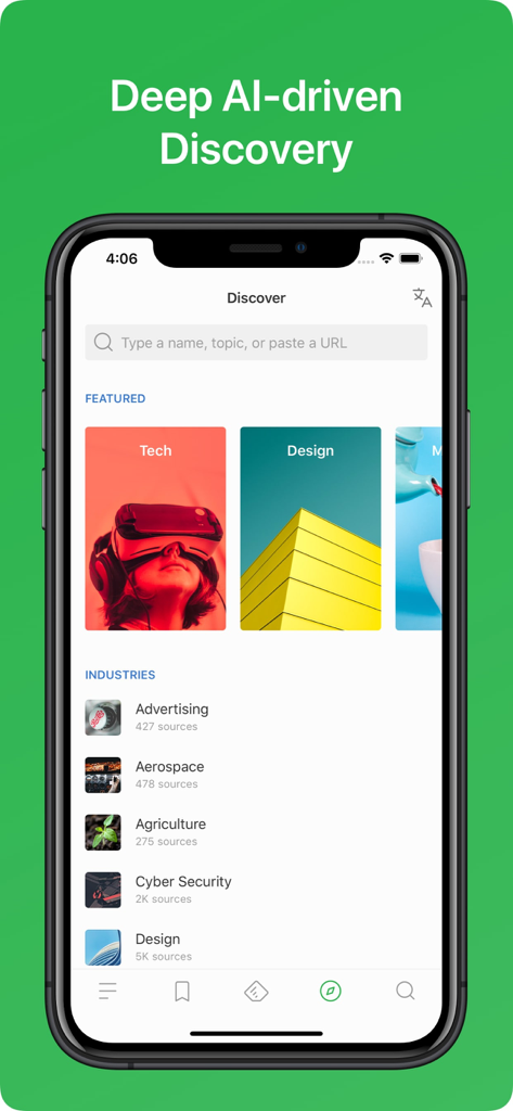 Feedly app discovery screen displaying featured tech and design topics and industry categories