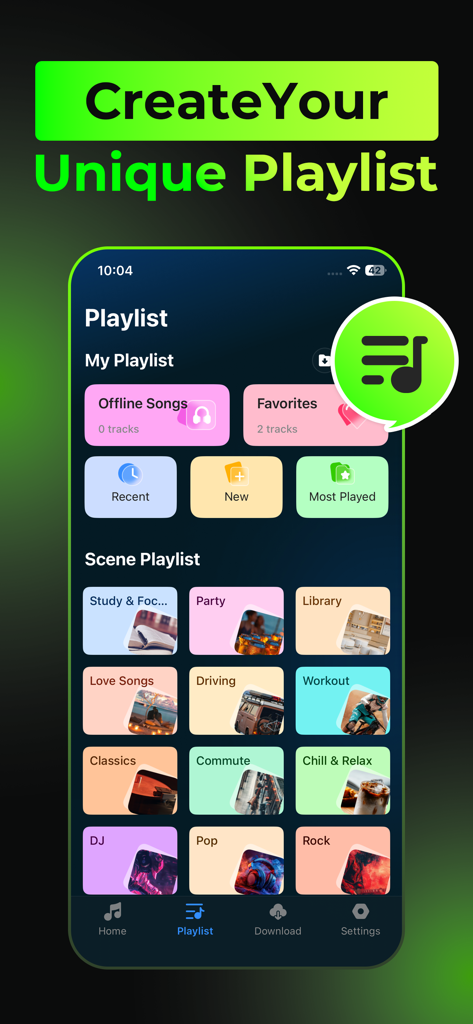 Offline Music, MP3 Player - Interfaccia dell'app mobile che mostra varie categorie di playlist musicali come preferiti e raccolte basate su scene