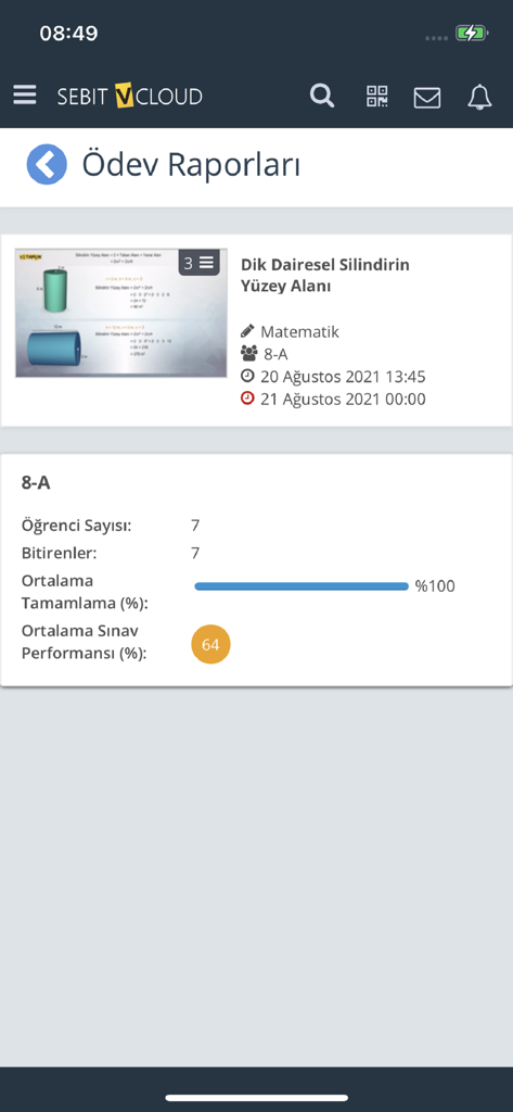 Sebit VCloud app displaying homework reports and student performance analytics.