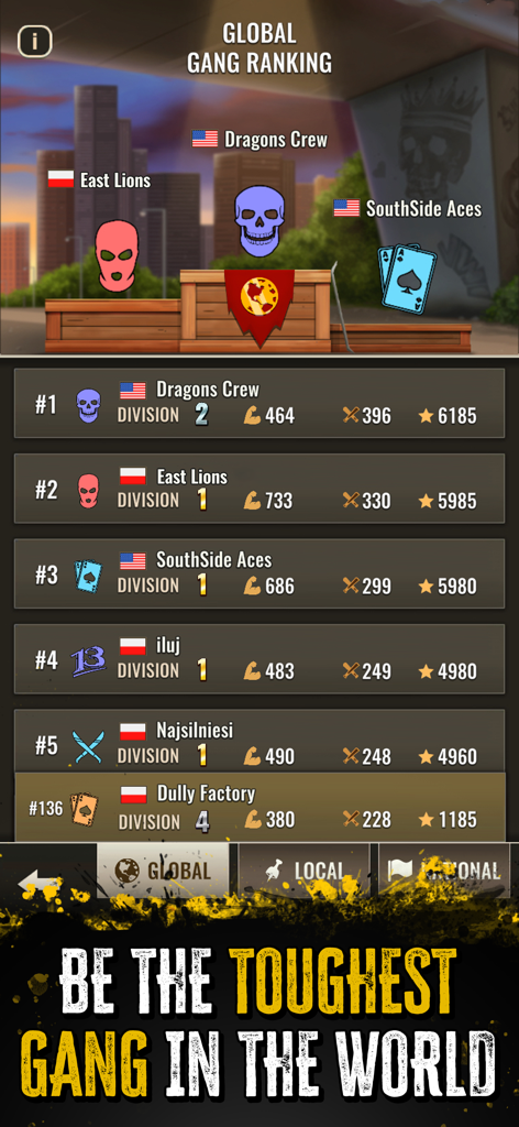 The Gang: Street Wars - Global gang ranking leaderboard in The Gang Street Wars mobile game