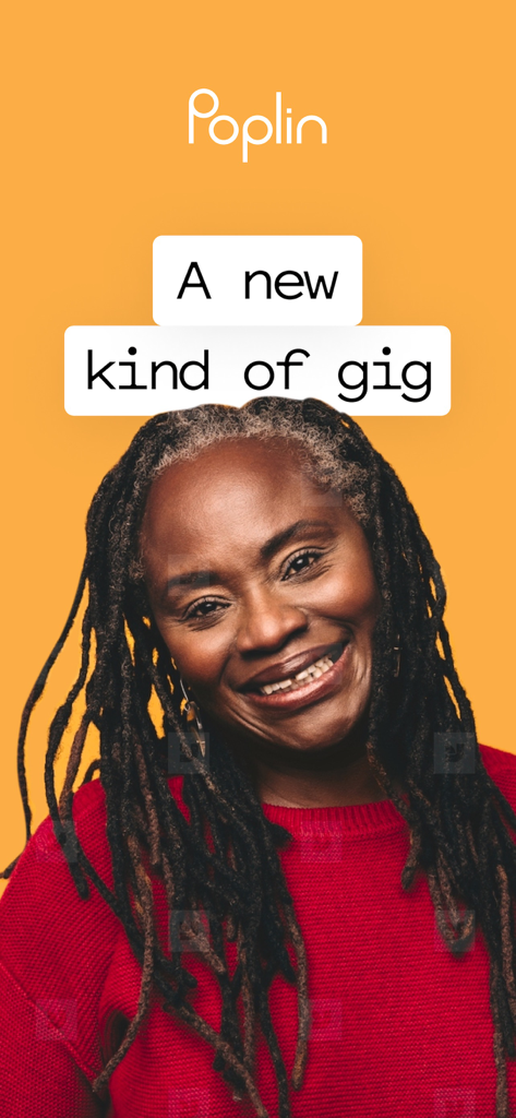 A smiling woman on an orange background representing a Poplin laundry pro with the text A new kind of gig