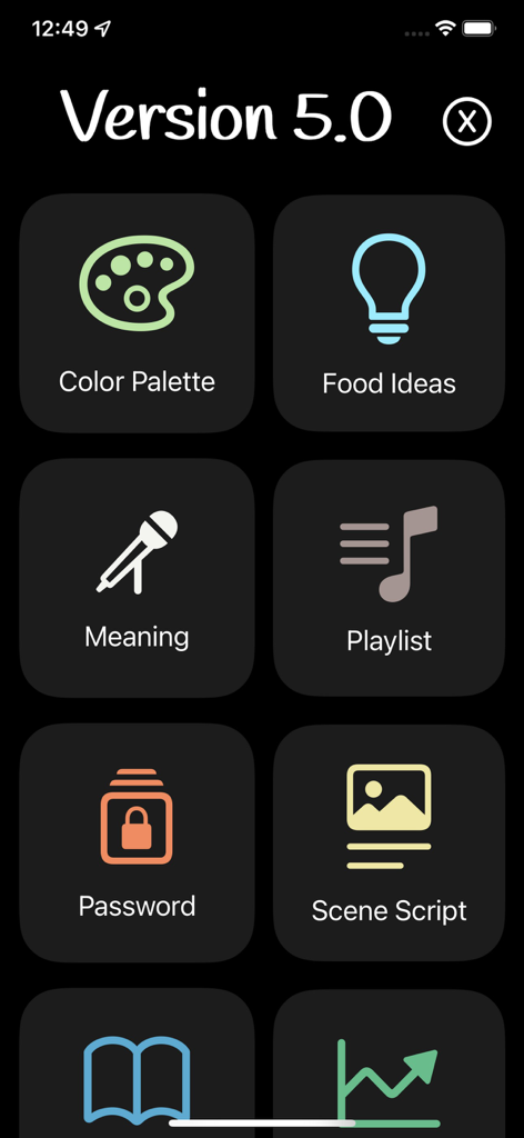 Write For Me ™ AI Essay Writer - Una pantalla de selección de funciones en la aplicación Redactor de Ensayos IA mostrando iconos para diferentes herramientas de escritura como Significado de Ideas de Comida y Guion de Escena