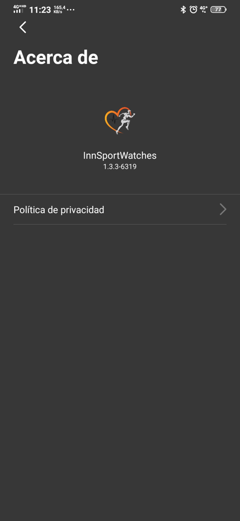 INNOVA S-WATCH - Innova S-Watch app about screen showing version information and privacy policy