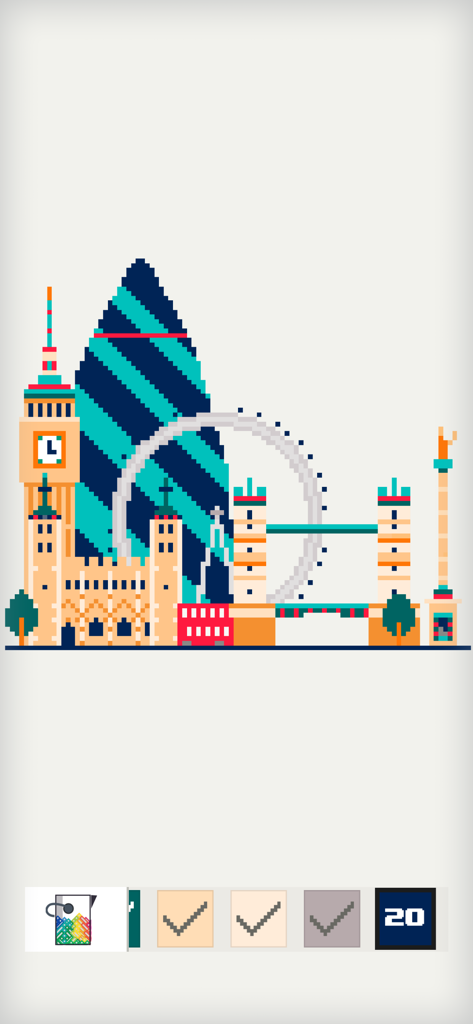 Pixel Land: color by number - Pixel art illustration of London landmarks for coloring