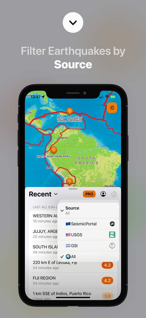Funzione dell'app QuakeMate che mostra filtri per terremoti per sorgente dati su una mappa interattiva