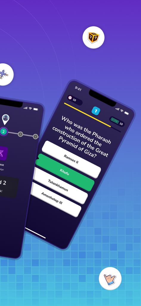 QuizWiz - Trivia App - Pantalla de la aplicación de trivia QuizWiz mostrando una pregunta de historia sobre el faraón que construyó la Gran Pirámide de Giza con Khufu seleccionado como respuesta correcta.