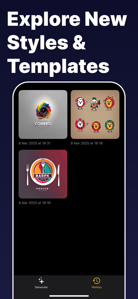 Hex AI Logo Makerアプリによって生成されたプロフェッショナルなロゴスタイルとテンプレートのギャラリー。