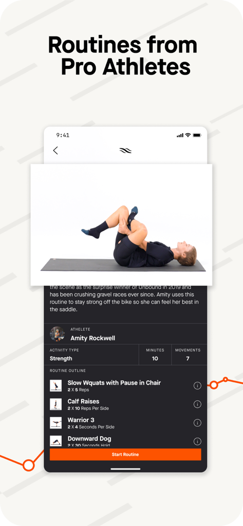 Recover Athletics app interface showing a 10-minute strength routine by pro athlete Amity Rockwell