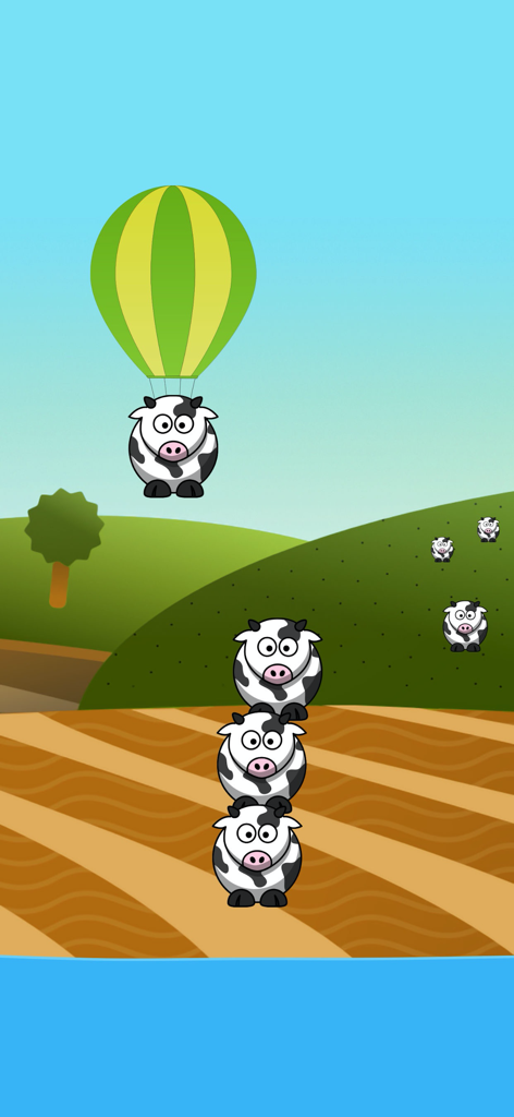 Crazy Cows - Tower Builder - A cartoon cow floating in a hot air balloon above a stack of cows in a mobile game