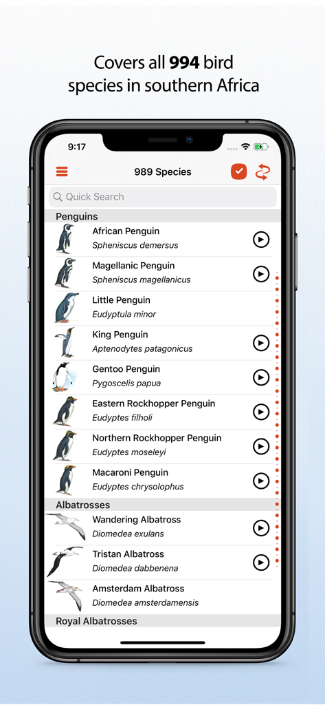 Un elenco di specie di uccelli tra cui pinguini e albatros con nomi scientifici e icone audio nell'app Sasol eBirds Southern Africa