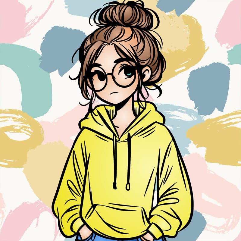 teen girl with a messy bun and glasses wearing a loose hoodie and jeans