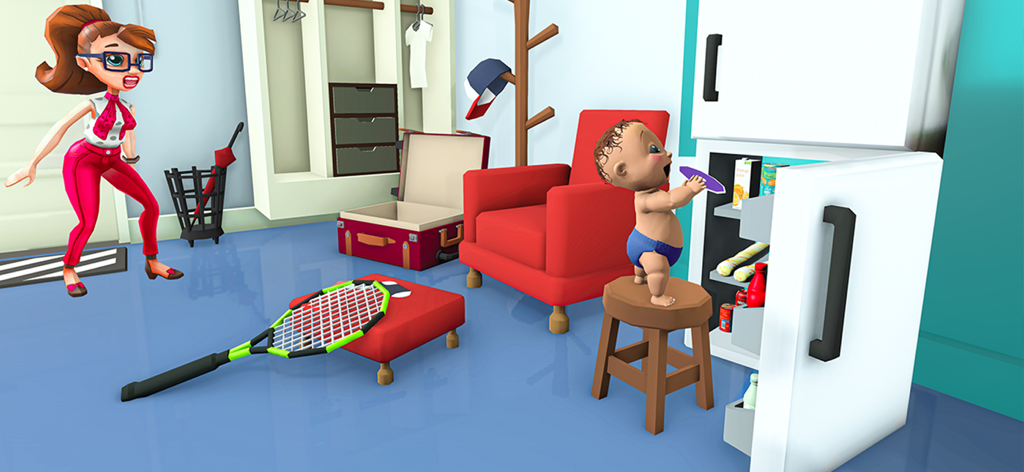 A naughty virtual baby standing on a stool to reach into the refrigerator while a shocked mother watches.