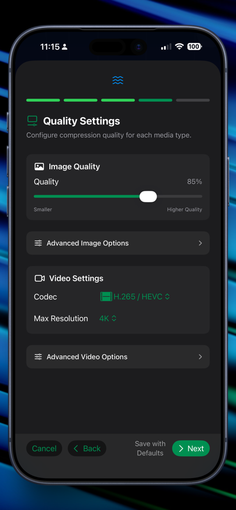 Sami - Media Optimizer - Sami Media Optimizer interface for customizing image and video compression quality settings
