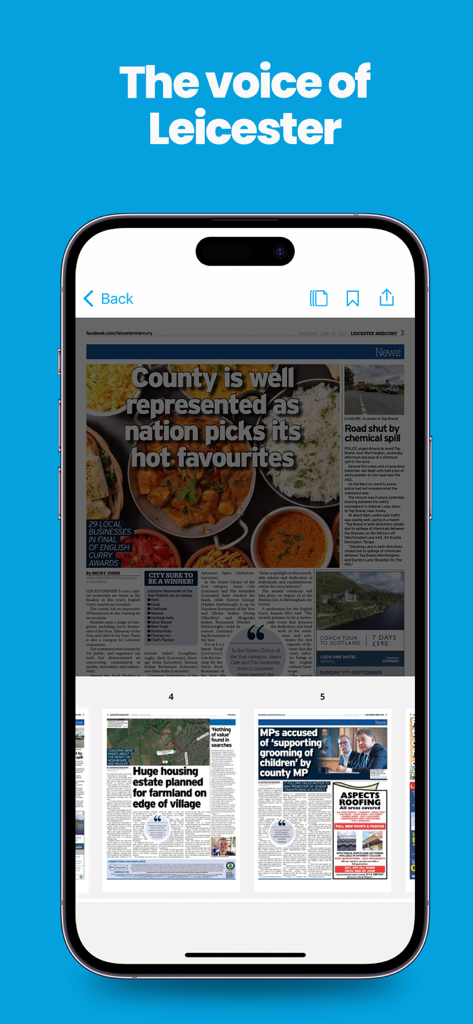 La aplicación Leicester Mercury Newspaper que muestra una réplica digital del periódico impreso en un smartphone