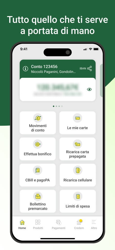 Home screen of Credem Banca per privati mobile app showing banking services and blurred balance