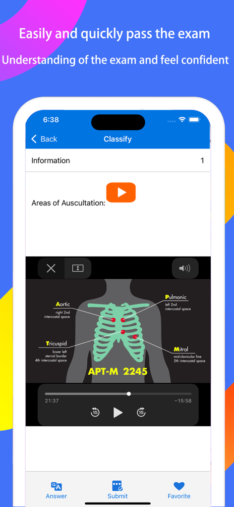 FNP Nurse Practitioner Expert - Heart auscultation points diagram with labels for aortic pulmonic tricuspid and mitral areas on a rib cage within the FNP Expert app