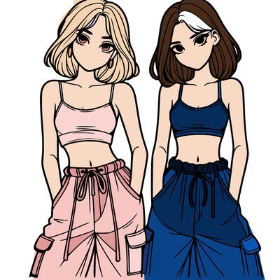 two girls with crop top with baggy pants