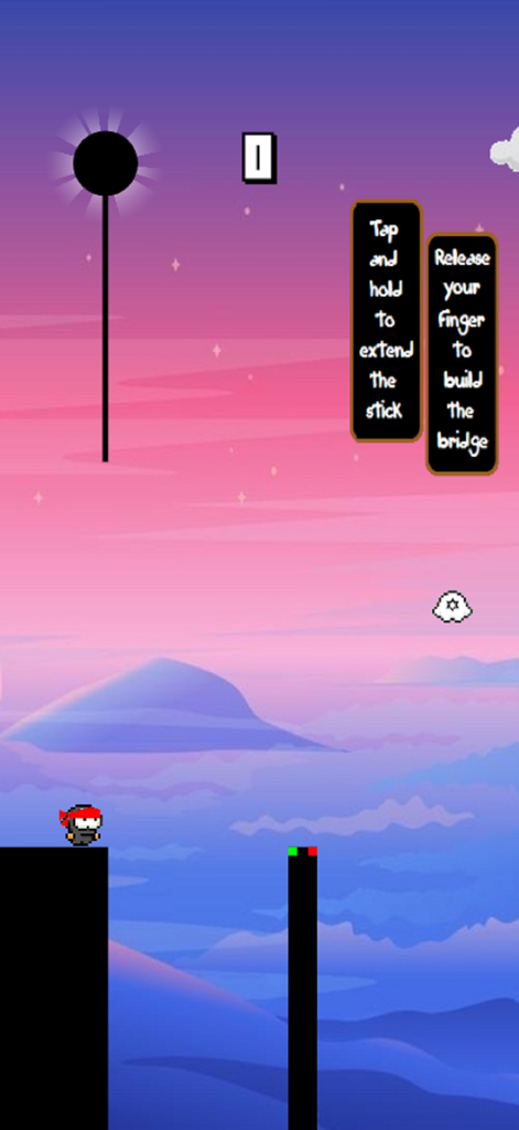 Stick Ninja - Stick Ninja gameplay showing instructions to tap and hold to build a bridge