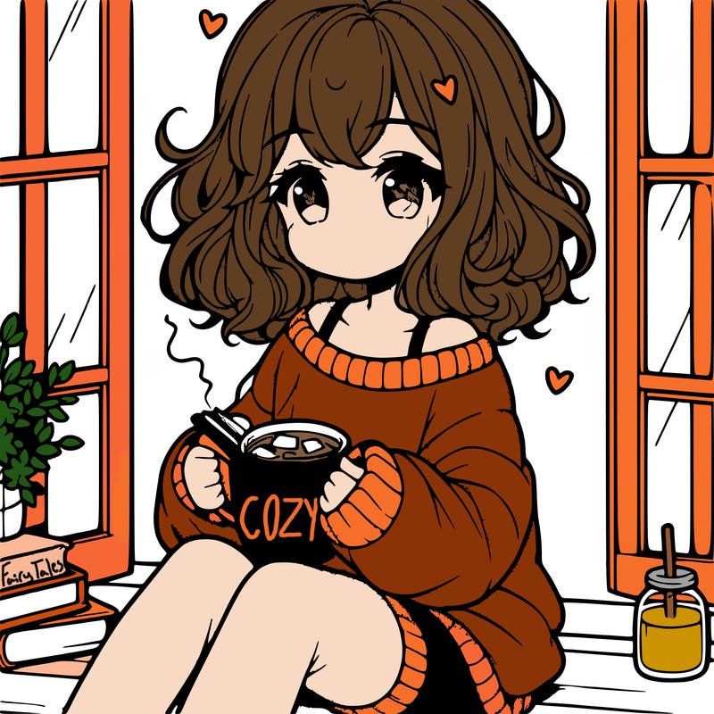 cute anime girl reading book and drinking hot chocolate from mug with loose wavy hair wearing a baggy sweatshirt and shorts sitting by windowsill looking out