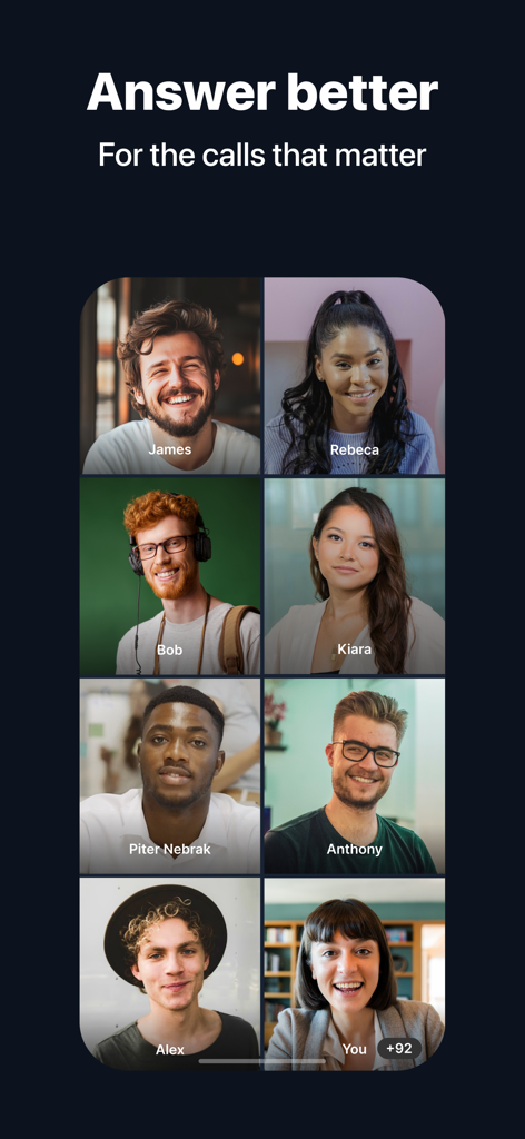 FaceCall - Answer Better - Raster mit verschiedenen Video-Anrufer-ID-Profilen auf dem Bildschirm der FaceCall-App