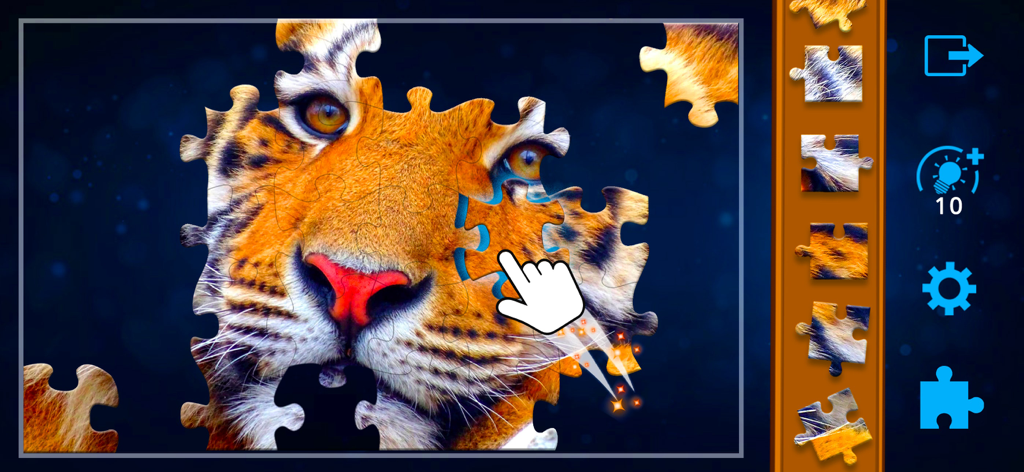 Jigsaw Puzzles Classic - A tiger face jigsaw puzzle being assembled in the Jigsaw Puzzles Classic app interface