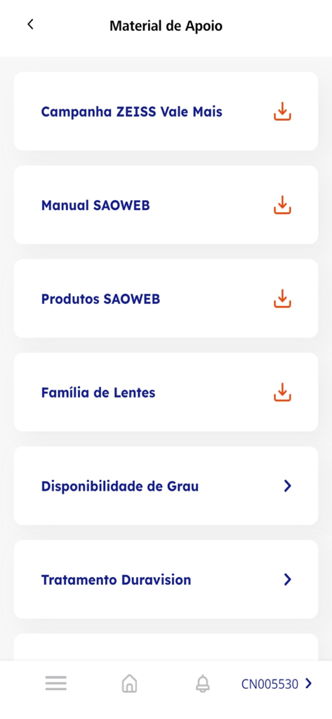 +ZEISS - Schermata dei materiali di supporto nell'app ZEISS che mostra manuali scaricabili e informazioni sui prodotti per lenti per professionisti dell'ottica.