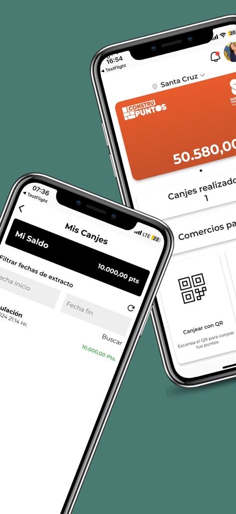 ConstruPuntos - Mobile app screens showing the ConstruPuntos loyalty program with points balance and redemption options