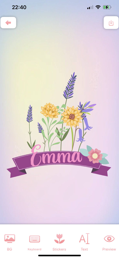 A personalized floral wallpaper featuring the name Emma on a purple banner with a bouquet of sunflowers and lavender.