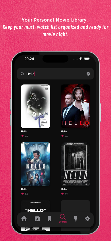 YesMovies Vanta AI app interface showing a personalized movie library search for movies titled Hello