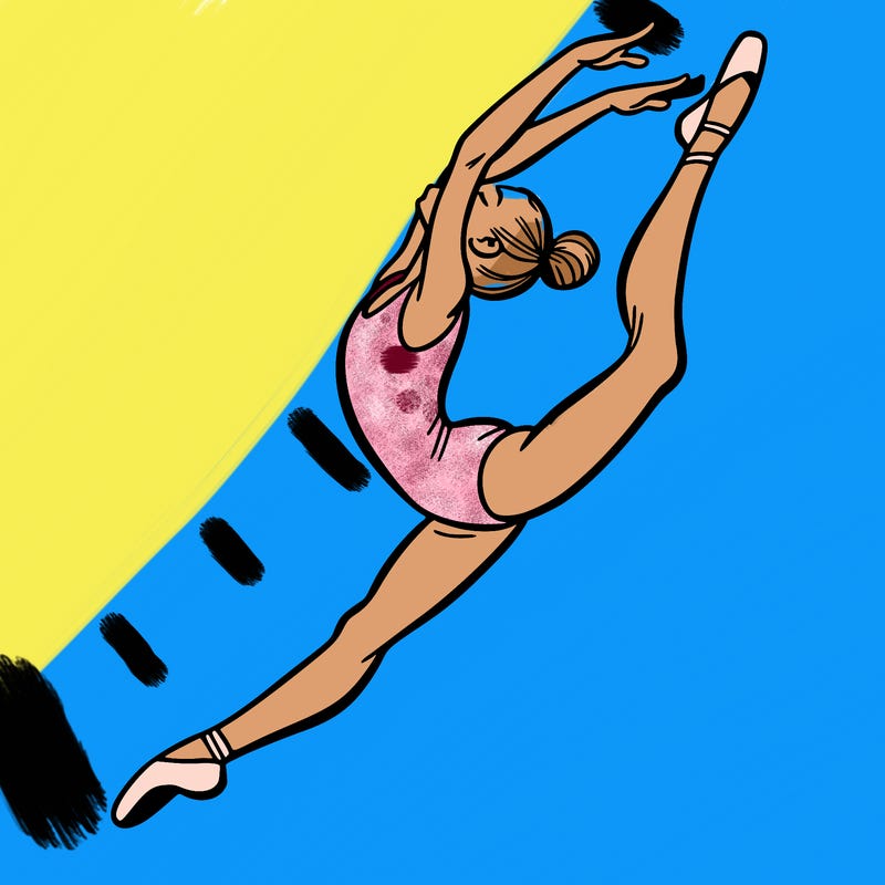 gymnast doing a leap in a leotard with a bent back leg