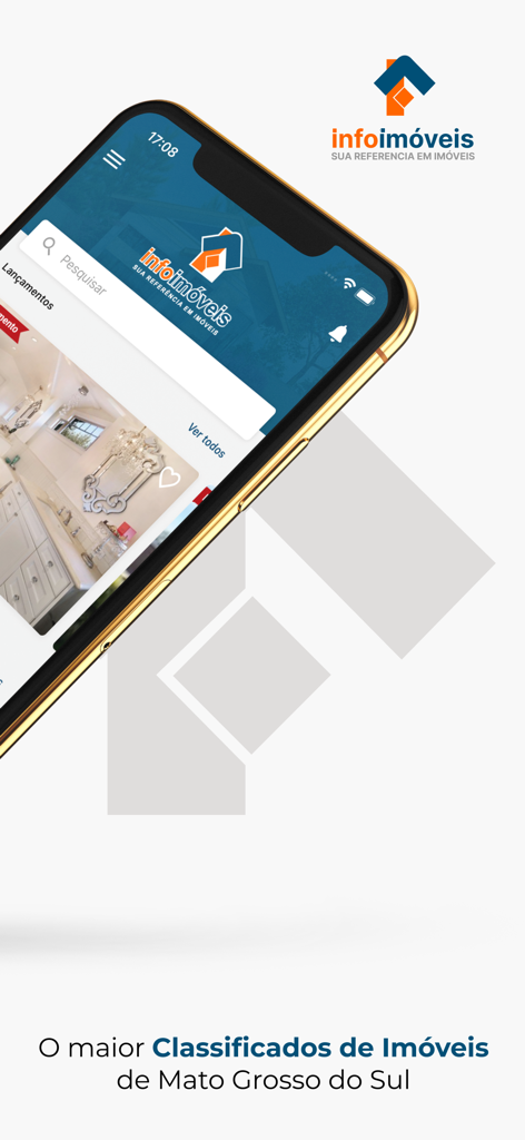 Aplicativo móvel de imóveis InfoImoveis mostrando listagens de imóveis para Mato Grosso do Sul.