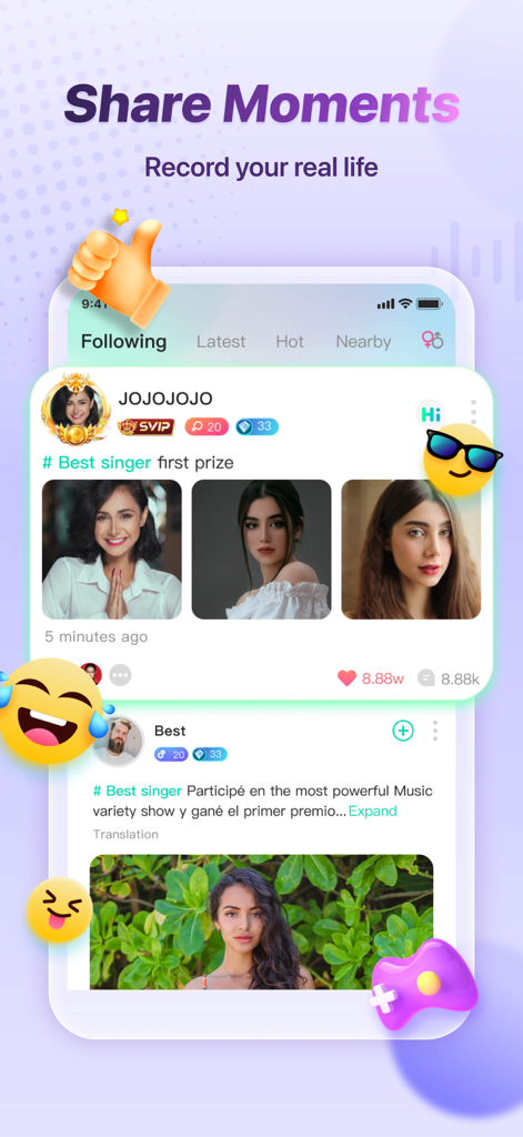 Tada - Group Voice Chat Rooms - Interface of the Tada app showing the Share Moments social feed with user profiles, photos, and engagement icons.