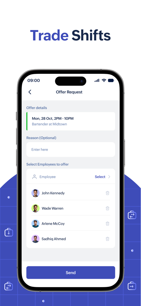 Zoho Shifts mobile app interface showing the offer request screen for an employee to trade a shift with colleagues