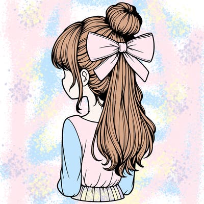realistic girl  with hip length hair a bun and a big bow on the back of head